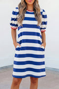 Blue Stripe Contrast Trim Round Neck Short Puff Sleeve Shift Mini Dress Shewin