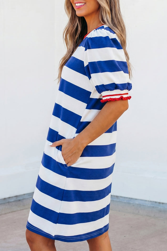 Blue Stripe Contrast Trim Round Neck Short Puff Sleeve Shift Mini Dress Shewin