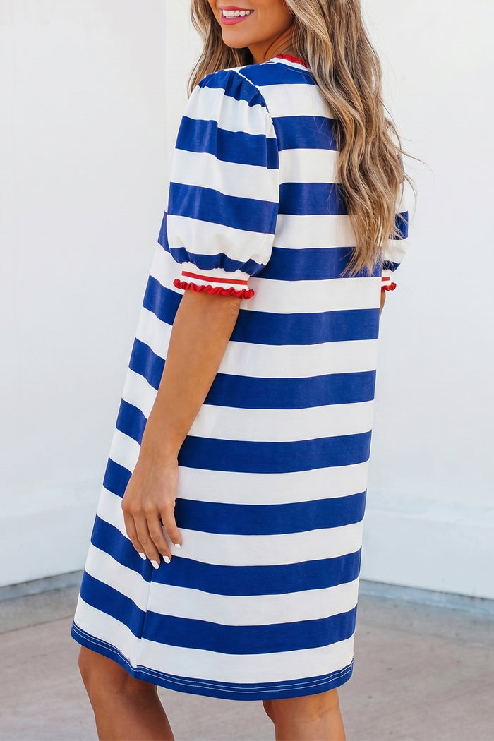 Blue Stripe Contrast Trim Round Neck Short Puff Sleeve Shift Mini Dress Shewin