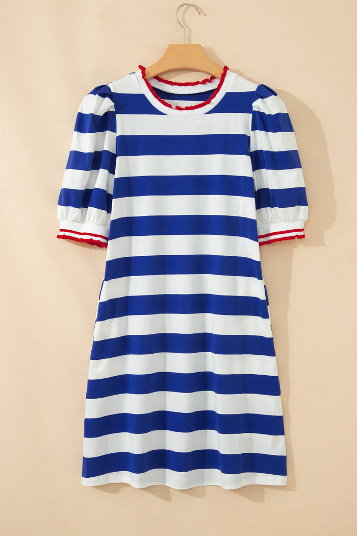 Blue Stripe Contrast Trim Round Neck Short Puff Sleeve Shift Mini Dress Shewin
