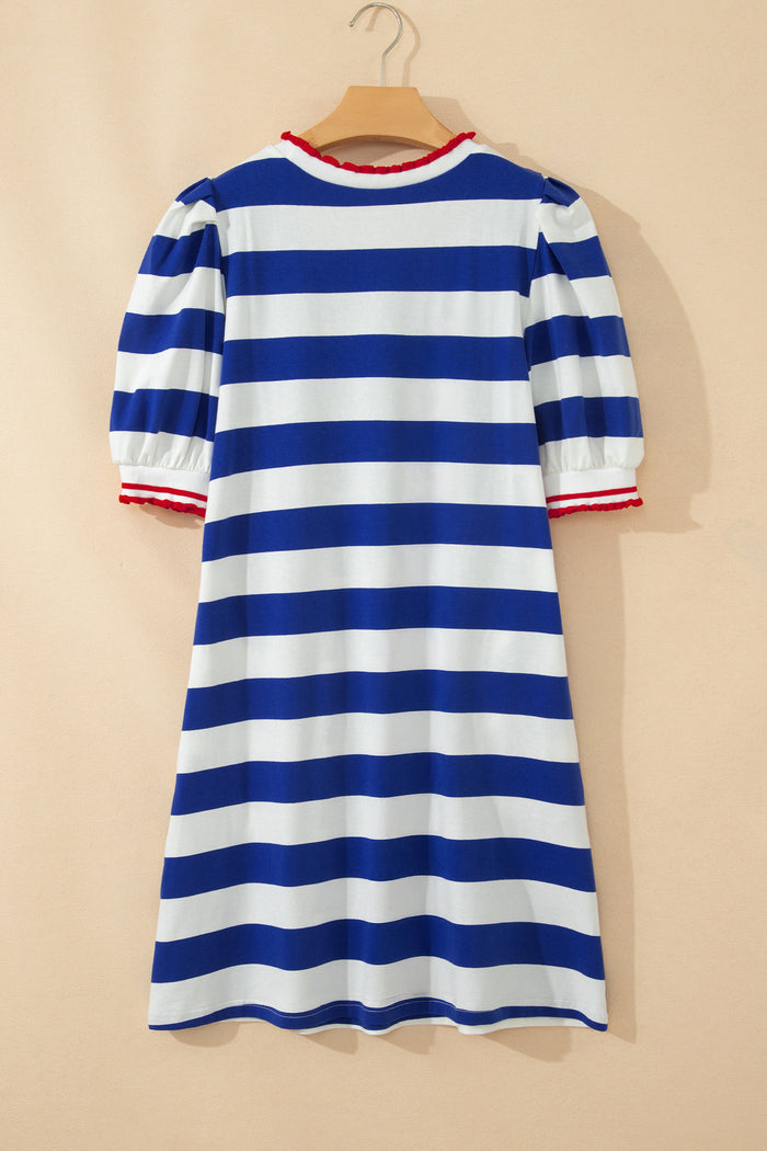 Blue Stripe Contrast Trim Round Neck Short Puff Sleeve Shift Mini Dress Shewin