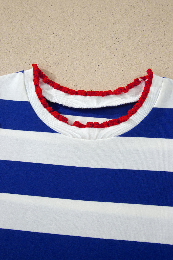 Blue Stripe Contrast Trim Round Neck Short Puff Sleeve Shift Mini Dress Shewin