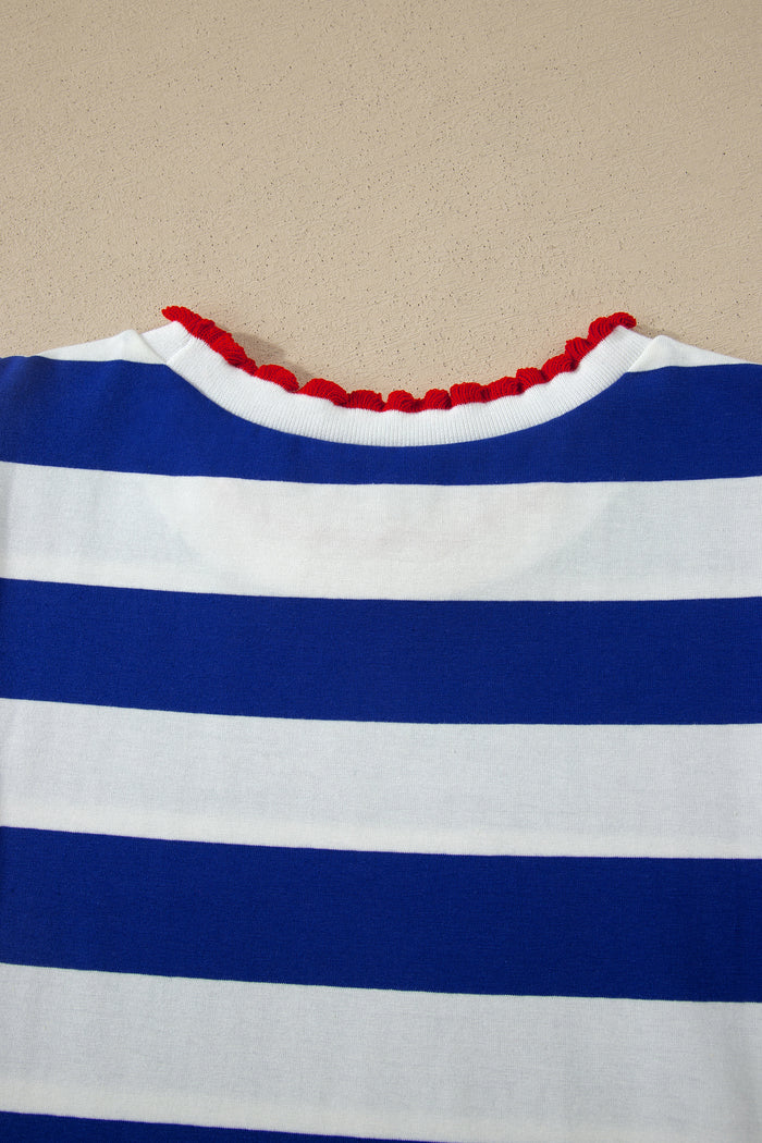 Blue Stripe Contrast Trim Round Neck Short Puff Sleeve Shift Mini Dress Shewin