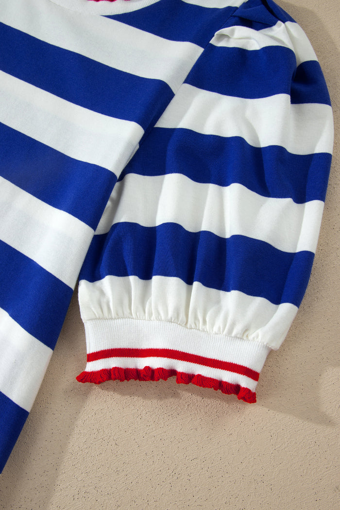 Blue Stripe Contrast Trim Round Neck Short Puff Sleeve Shift Mini Dress Shewin