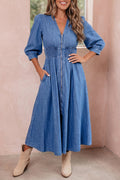 Blue V Neck Shirred Waist Metal Zipper Denim Midi Dress Shewin