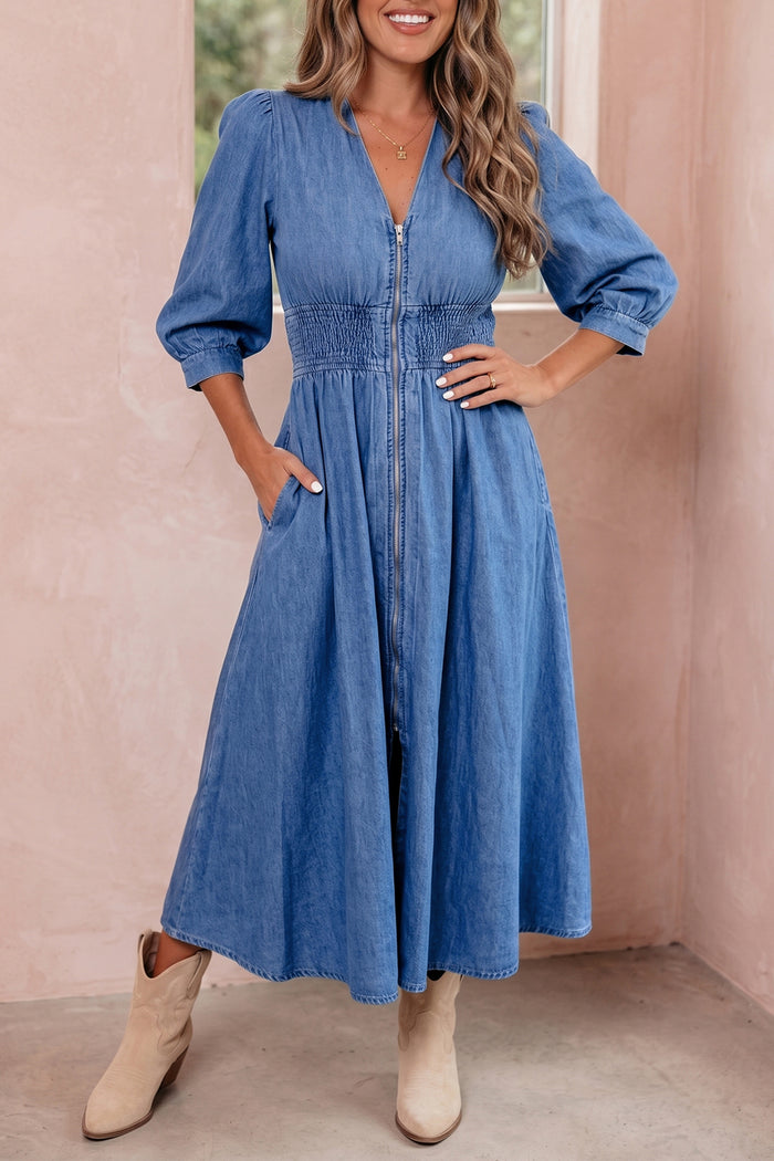 Blue V Neck Shirred Waist Metal Zipper Denim Midi Dress Shewin