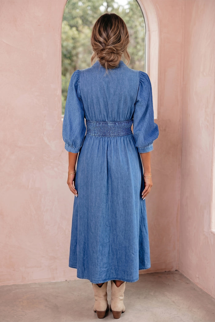 Blue V Neck Shirred Waist Metal Zipper Denim Midi Dress Shewin