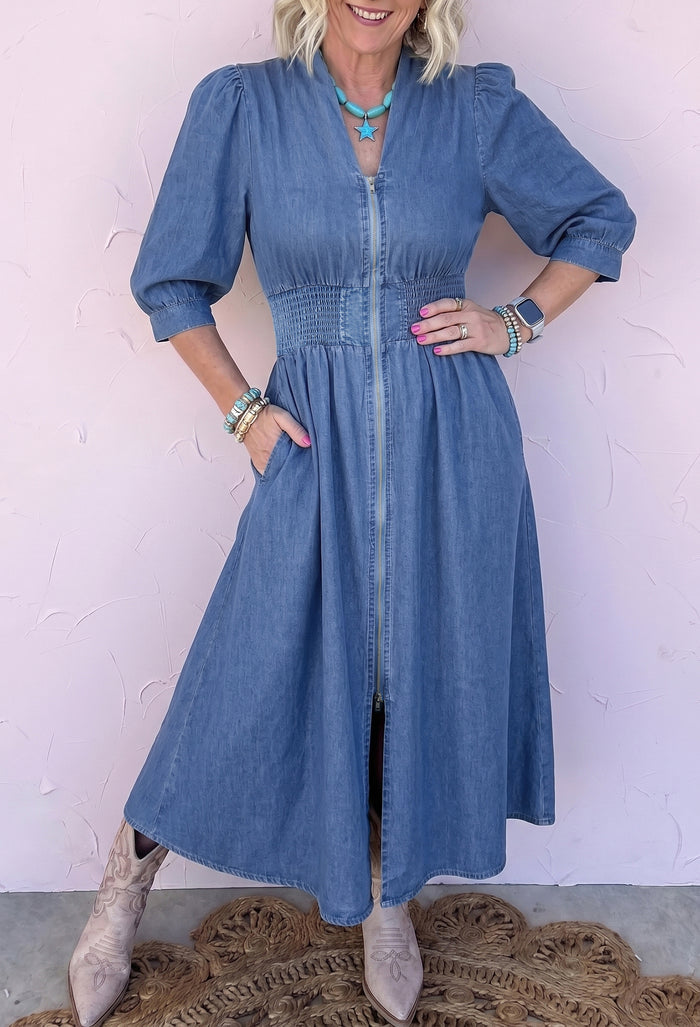 Blue V Neck Shirred Waist Metal Zipper Denim Midi Dress Shewin