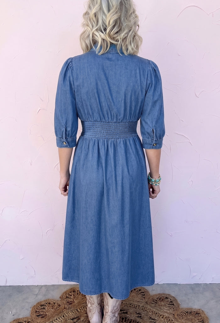 Blue V Neck Shirred Waist Metal Zipper Denim Midi Dress Shewin