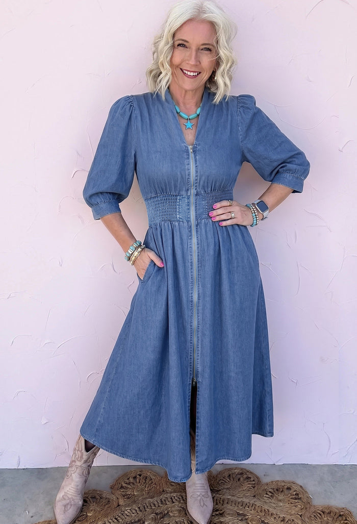 Blue V Neck Shirred Waist Metal Zipper Denim Midi Dress Shewin