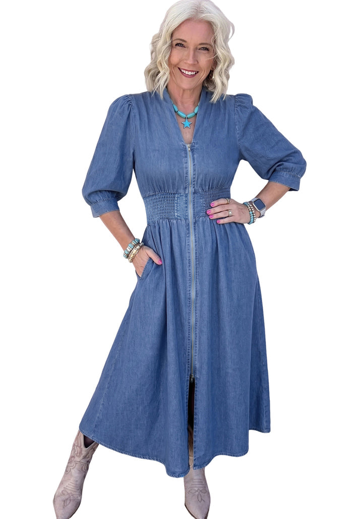 Blue V Neck Shirred Waist Metal Zipper Denim Midi Dress Shewin