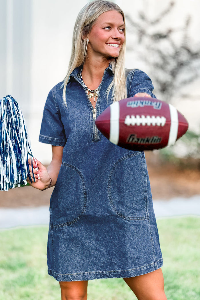 Blue Zip up Collared Short Sleeve Shift Mini Denim Dress Shewin
