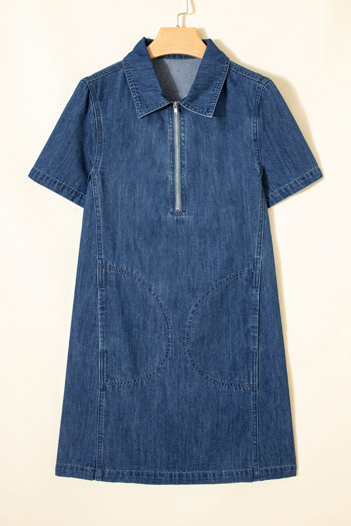 Blue Zip up Collared Short Sleeve Shift Mini Denim Dress Shewin