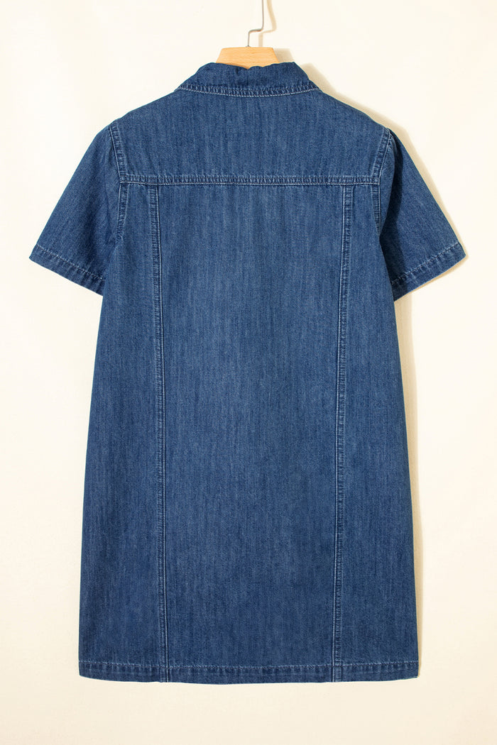 Blue Zip up Collared Short Sleeve Shift Mini Denim Dress Shewin