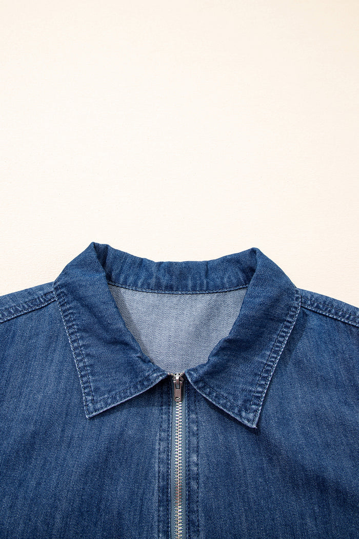 Blue Zip up Collared Short Sleeve Shift Mini Denim Dress Shewin