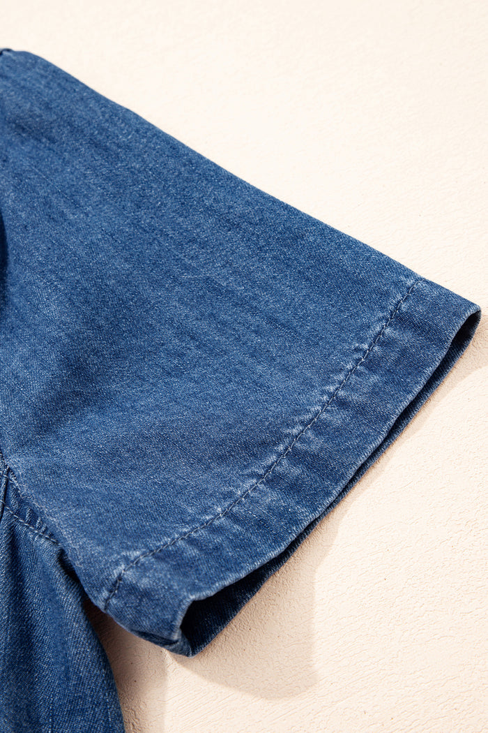 Blue Zip up Collared Short Sleeve Shift Mini Denim Dress Shewin