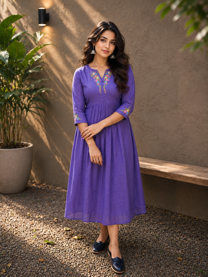 Blueberry shaded mul cotton Aline kurti/dress with handworked yoke MBS-1293
