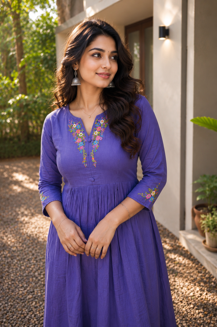 Blueberry shaded mul cotton Aline kurti/dress with handworked yoke MBS-1293