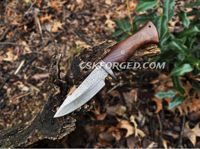 Bobcat Damascus Steel Hunting Knife Rose Wood Handle by cskforged cskforged