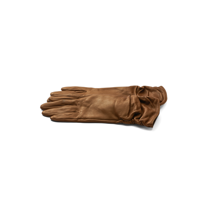 A pair of Boheme Gloves crafted from luxurious brown lambskin leather is laid flat on a white surface, with one glove neatly stacked atop the other.