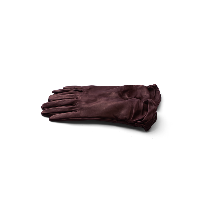 A pair of Boheme Gloves in luxurious burgundy lambskin leather, neatly stacked on a plain white background.