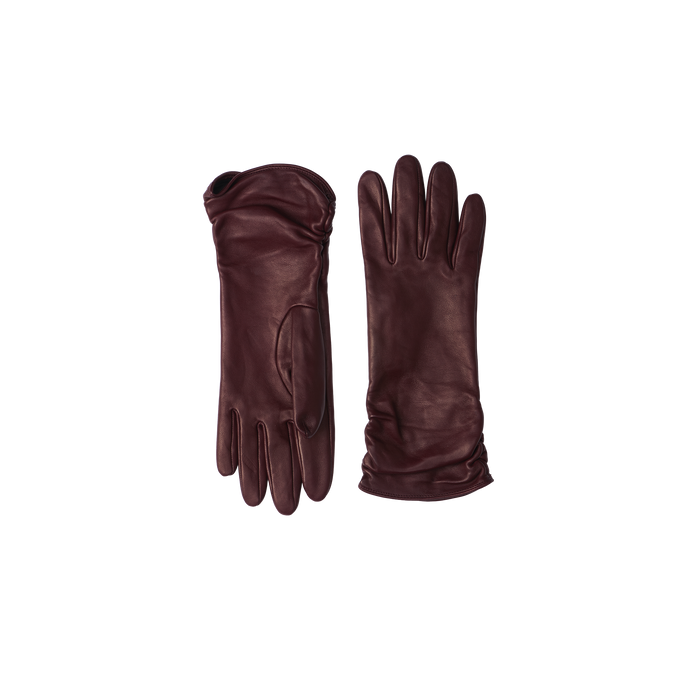 A pair of Boheme Gloves, crafted from luxurious burgundy leather, with one glove shown palm up and the other palm down, displayed against a plain white background.