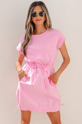 Bonbon Cuffed Short Sleeve Mix Fabric Patchwork Drawstring Mini Dress Shewin