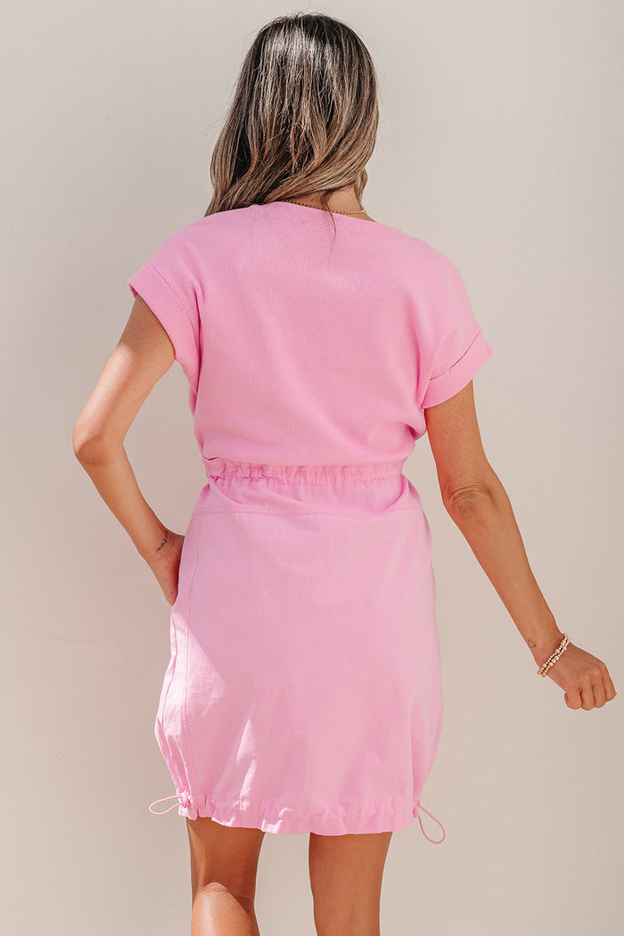 Bonbon Cuffed Short Sleeve Mix Fabric Patchwork Drawstring Mini Dress Shewin