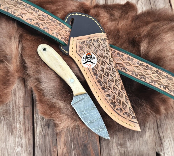 Bone Buckaroo Belt Knife With Damascus Steel Blade cskforged