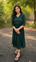 Bottle green georgette Aline kurti/dress with handworked yoke MBS-1240