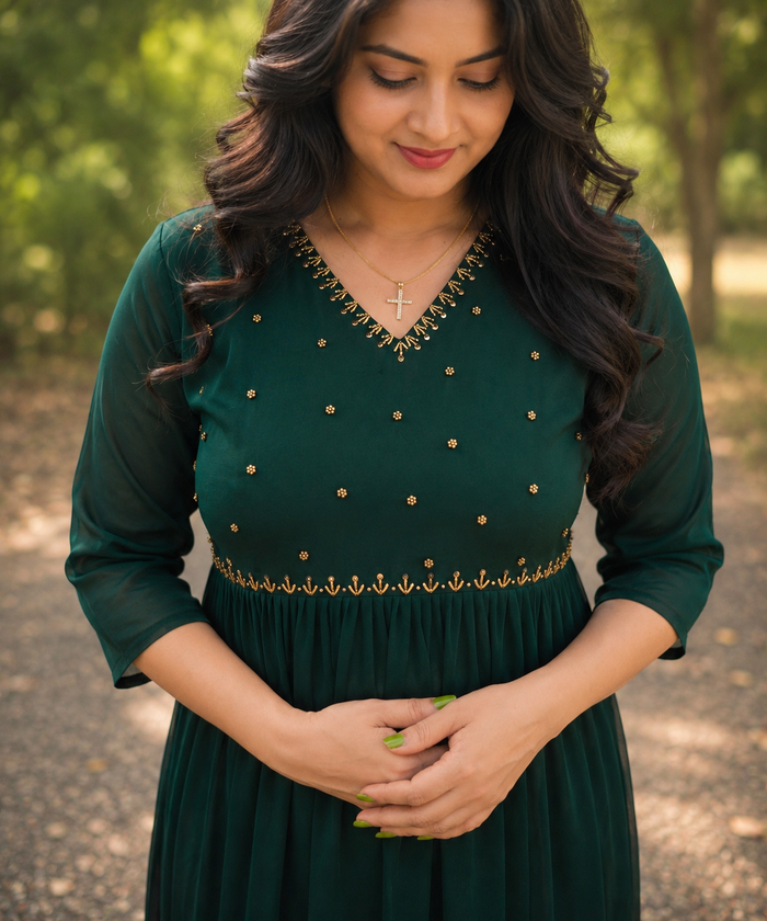 Bottle green georgette Aline kurti/dress with handworked yoke MBS-1240