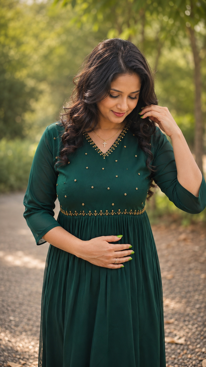 Bottle green georgette Aline kurti/dress with handworked yoke MBS-1240