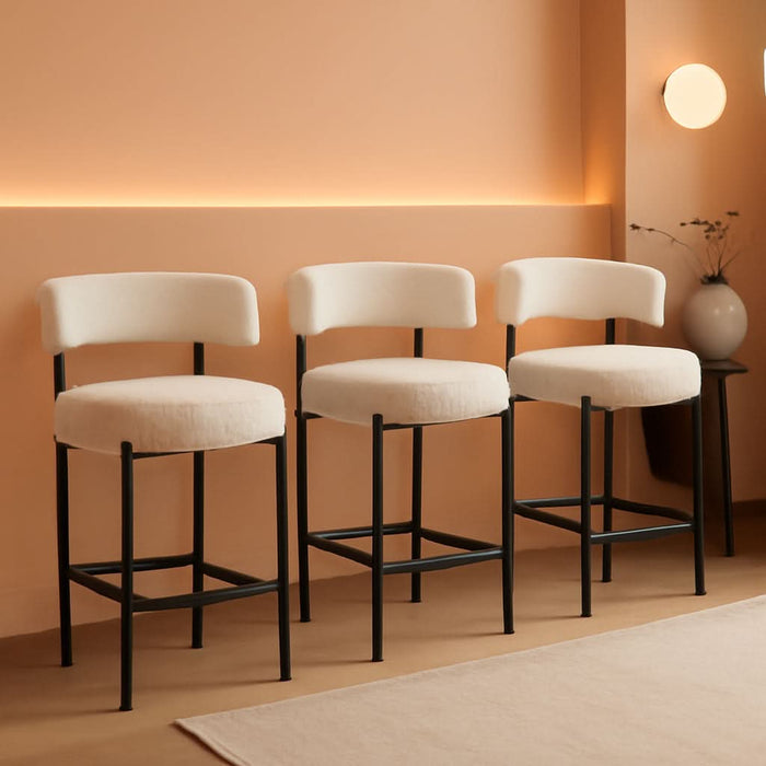Boucle Bar Stools Set Of 3 24 Inch White Upholstered Counter Stools With Backs ShipItFurniture