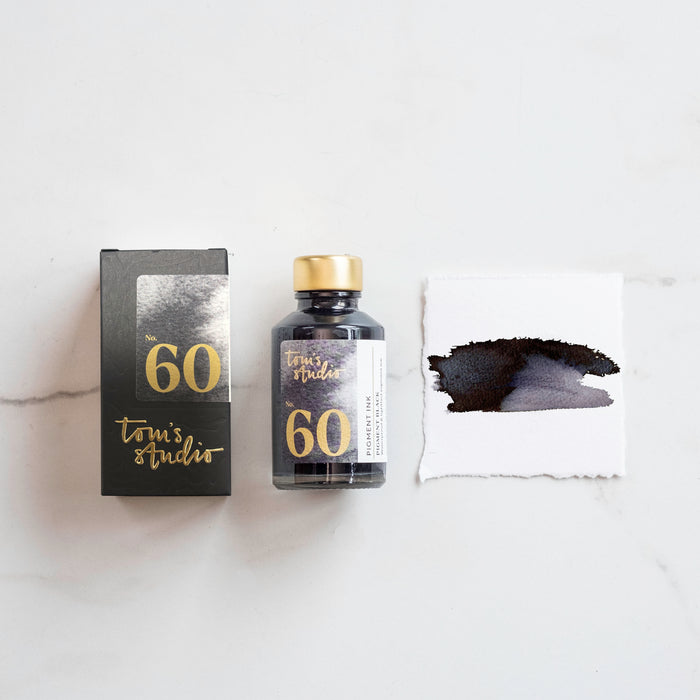 Tom's Studio Pigment Black Ink – featuring the packaging, bottle and a swatch on paper