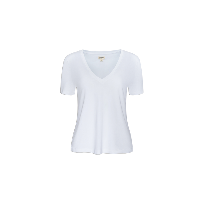 The Brianna Cotton V-Neck Tee is a plain white tee with short sleeves, crafted from soft Supima cotton in a relaxed fit, and shown against a light gray background.