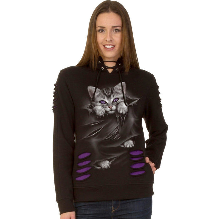 BRIGHT EYES - Large Hood Ripped Hoody Purple-Black Spiral USA
