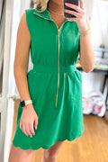 Bright Green Sleeveless Zip Front Scallop Hem Mini Dress Shewin
