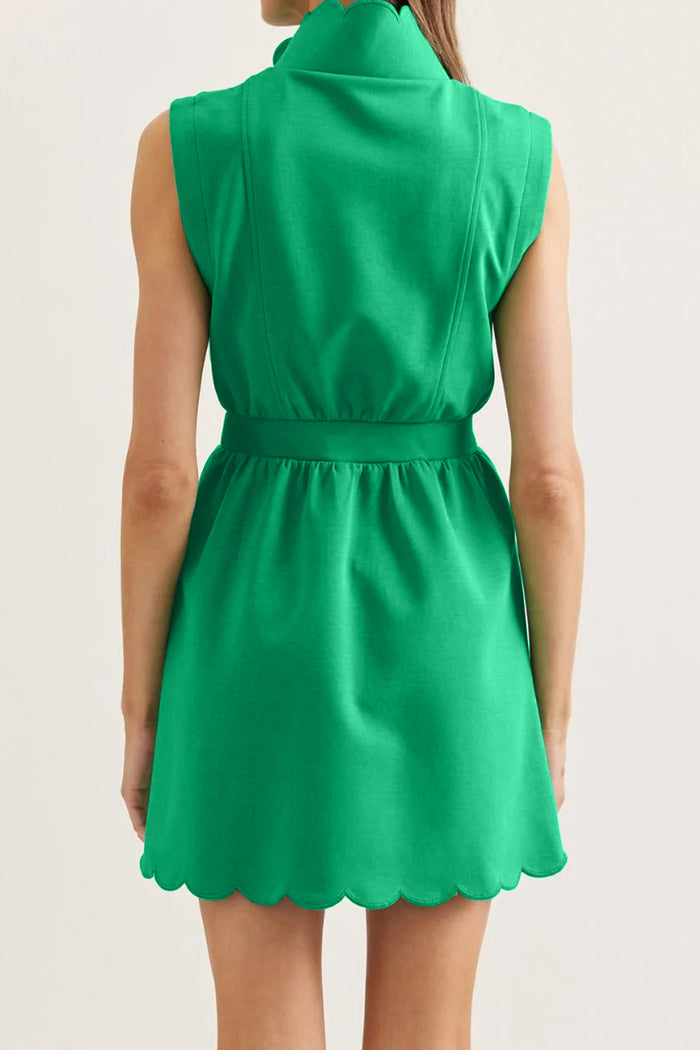 Bright Green Sleeveless Zip Front Scallop Hem Mini Dress Shewin