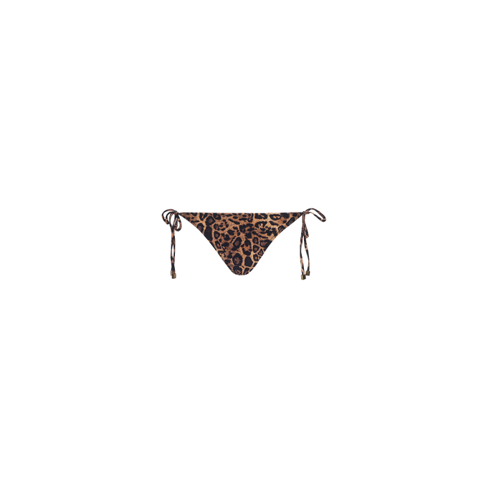 Britt Tie-Side Bikini Bottom in leopard print with adjustable tie sides, perfect for resort swimwear, displayed on a plain white background.