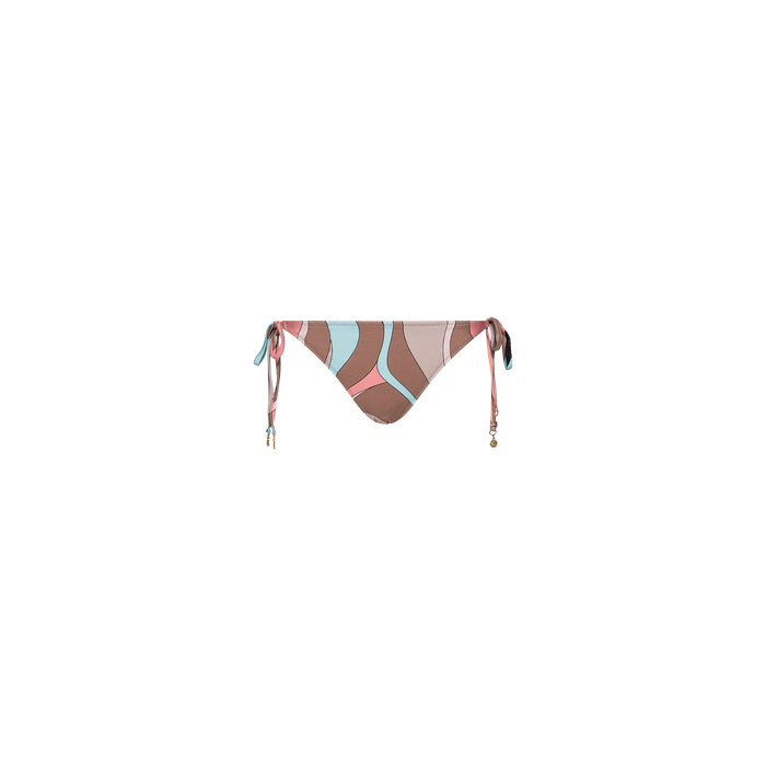The Britt Tie-Side Bikini Bottom features an abstract swirl print in pink, brown, and light blue, with small gold bead accents adorning the side ties. Displayed against a plain white background, this UPF 50 swimwear combines sun protection with stylish design.