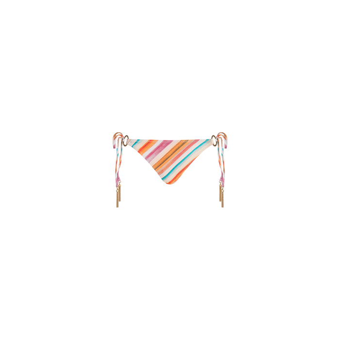 The Britt Tie-Side Bikini Bottom features multicolored stripes, adjustable tie sides, and gold accents for moderate coverage, shown against a plain white background.