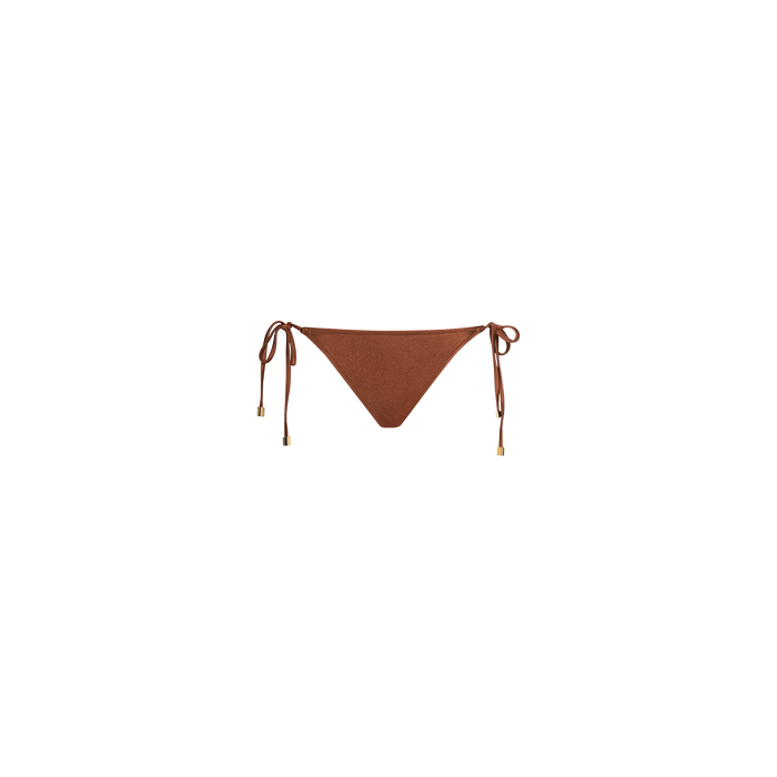 The Britt Tie-Side Bikini Bottom features a bronze hue, adjustable side ties with gold metal tips, and provides moderate coverage, shown against a plain white background.