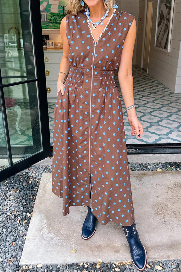 Brown Polka Dot Print Contrast Trim V Neck Zip Up Sleeveless Dress Shewin