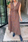 Brown Polka Dot Print Contrast Trim V Neck Zip Up Sleeveless Dress Shewin