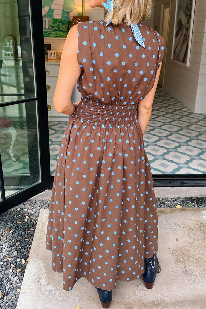 Brown Polka Dot Print Contrast Trim V Neck Zip Up Sleeveless Dress Shewin
