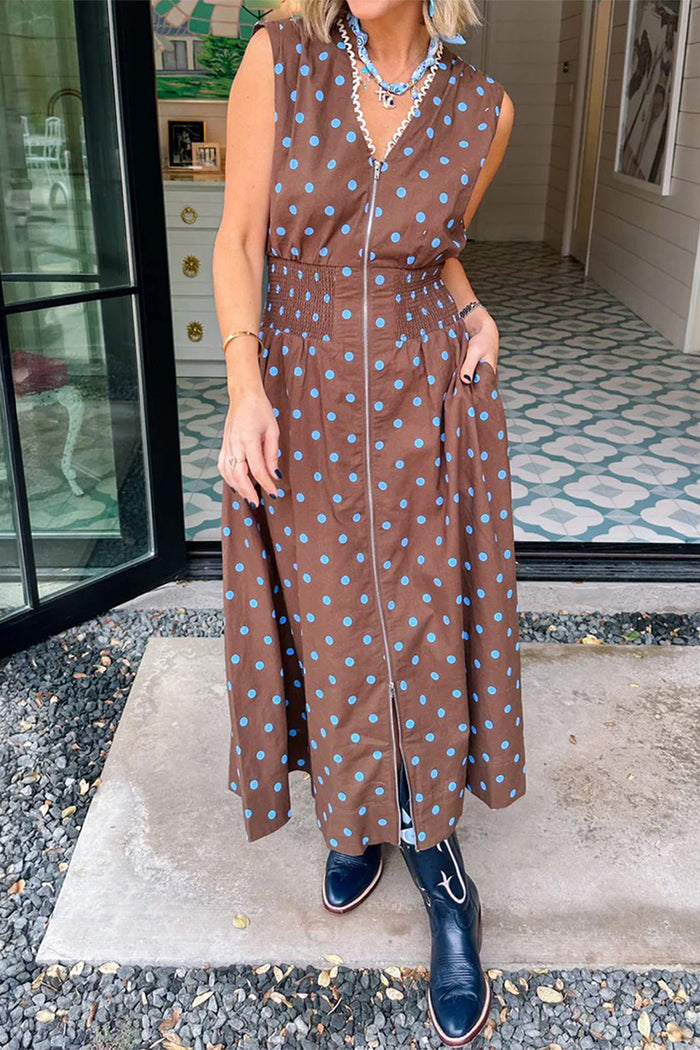 Brown Polka Dot Print Contrast Trim V Neck Zip Up Sleeveless Dress Shewin