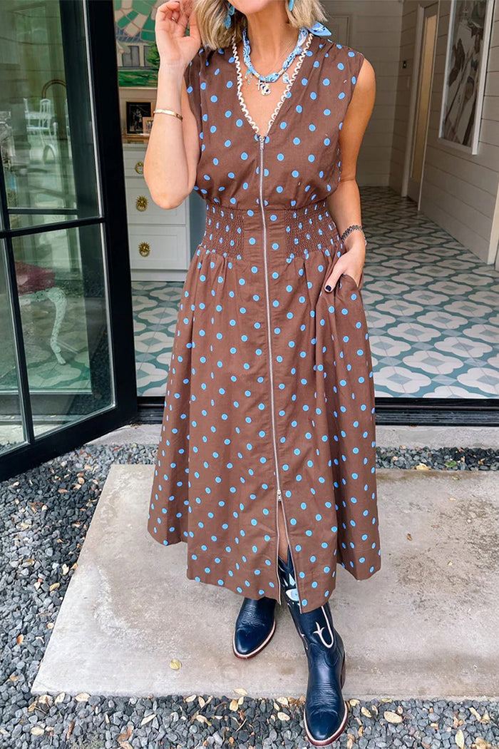 Brown Polka Dot Print Contrast Trim V Neck Zip Up Sleeveless Dress Shewin