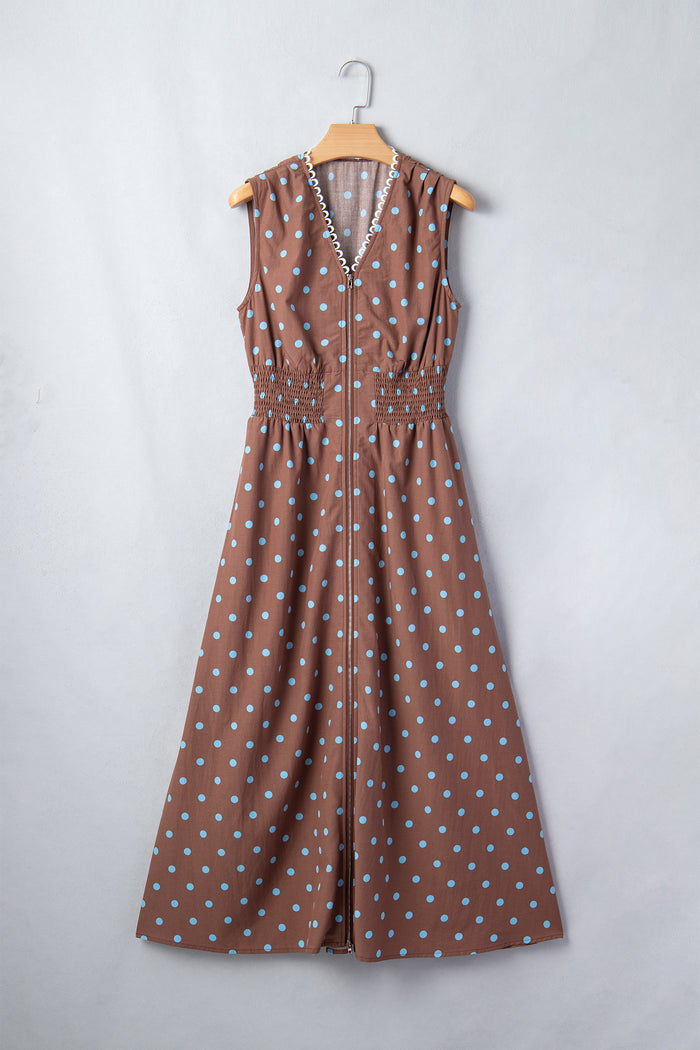 Brown Polka Dot Print Contrast Trim V Neck Zip Up Sleeveless Dress Shewin