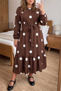 Brown Polka Dot Ruffled Hem Long Sleeve Tie Waist Plus Size Dress Shewin