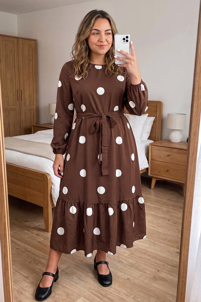 Brown Polka Dot Ruffled Hem Long Sleeve Tie Waist Plus Size Dress Shewin